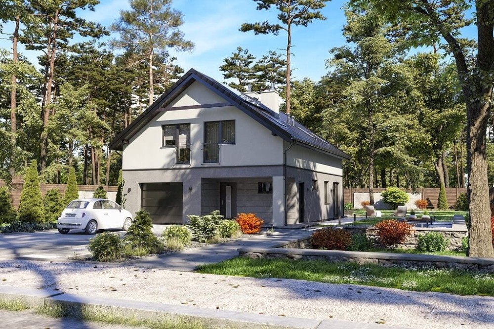 Projekt domu Bluszczyk tech. DM-6648 tech., jednorodzinny parterowy z poddaszem użytkowym, niepodpiwniczony, z garażem jednostanowiskowym - wizualizacja elewacji frontowej