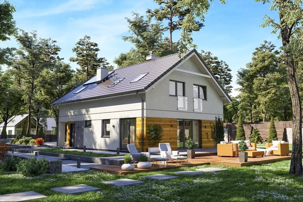 Projekt domu Bluszczyk tech. DM-6648 tech., jednorodzinny parterowy z poddaszem użytkowym, niepodpiwniczony, z garażem jednostanowiskowym - wizualizacja elewacji ogrodowej