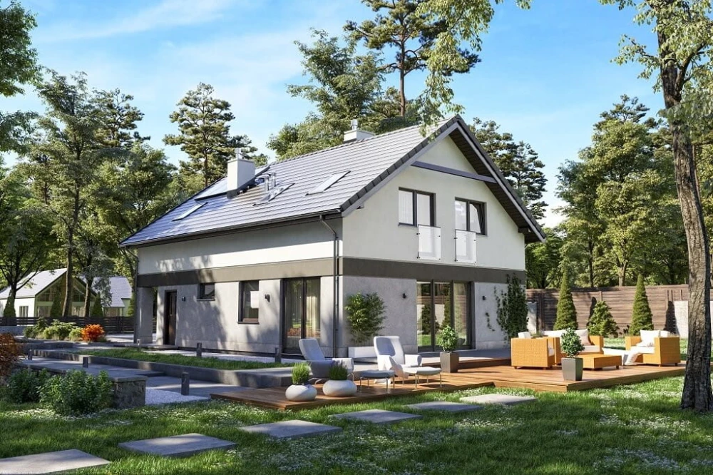 Projekt domu Bluszczyk tech. DM-6648 tech., jednorodzinny parterowy z poddaszem użytkowym, niepodpiwniczony, z garażem jednostanowiskowym - wizualizacja elewacji ogrodowej ujęcie 2