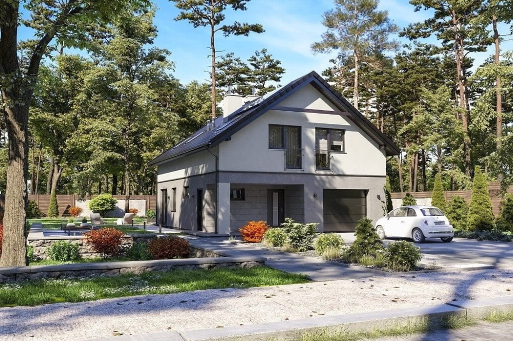 Projekt domu Bluszczyk 2 tech. L-6648 tech., jednorodzinny parterowy z poddaszem użytkowym, niepodpiwniczony, z garażem jednostanowiskowym - wizualizacja elewacji frontowej