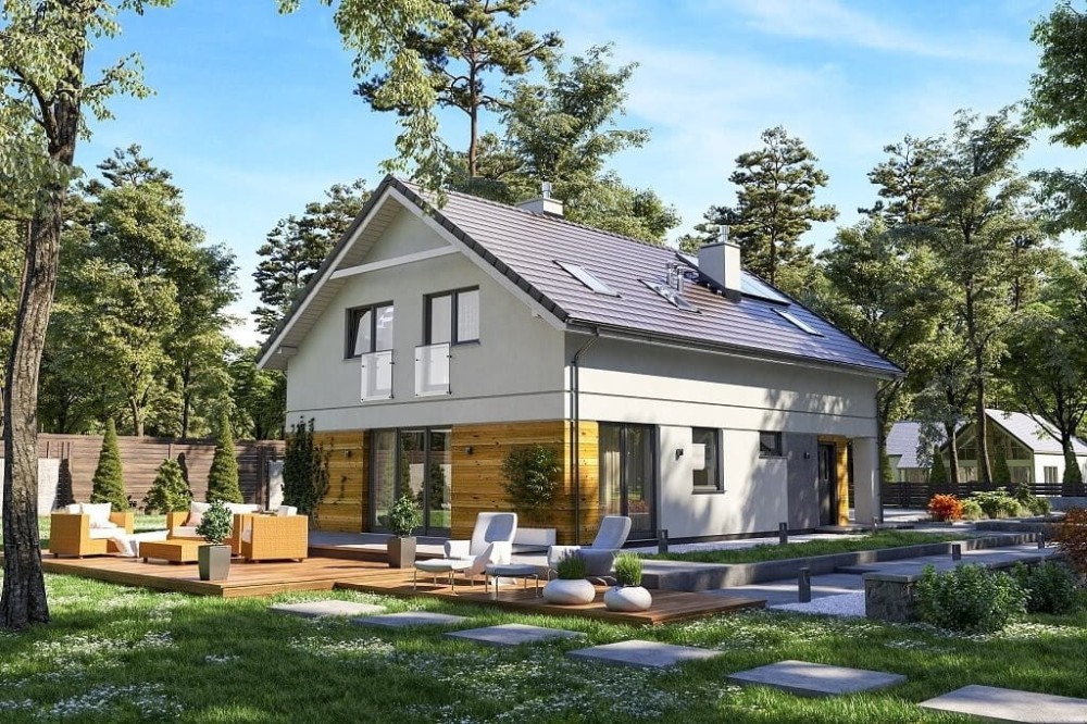 Projekt domu Bluszczyk 2 tech. L-6648 tech., jednorodzinny parterowy z poddaszem użytkowym, niepodpiwniczony, z garażem jednostanowiskowym - wizualizacja elewacji ogrodowej