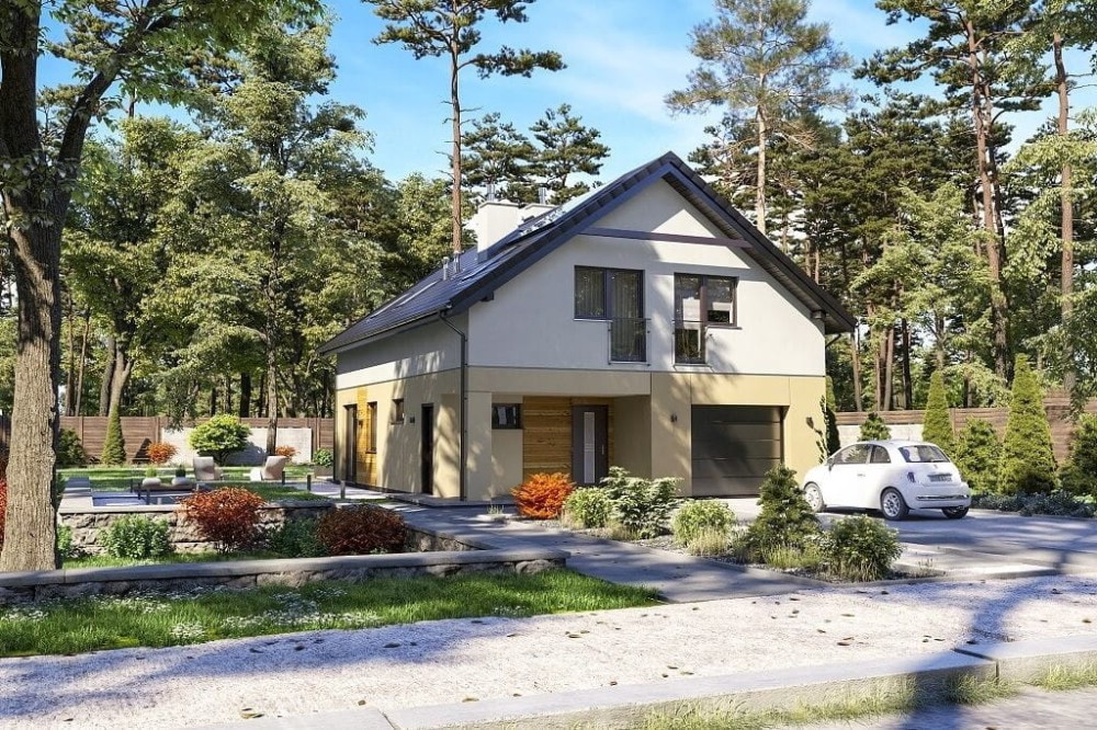 Projekt domu Bluszczyk 2 tech. L-6648 tech., jednorodzinny parterowy z poddaszem użytkowym, niepodpiwniczony, z garażem jednostanowiskowym - wizualizacja elewacji frontowej ujęcie 2
