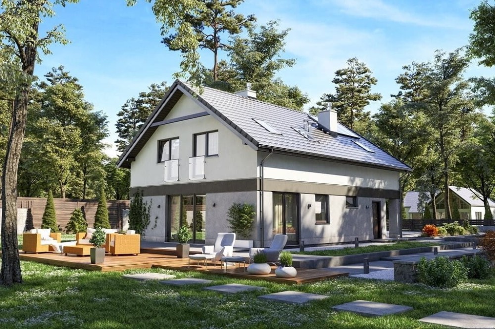Projekt domu Bluszczyk 2 tech. L-6648 tech.,, jednorodzinny parterowy z poddaszem użytkowym, niepodpiwniczony, z garażem jednostanowiskowym - wizualizacja elewacji ogrodowej ujęcie 2