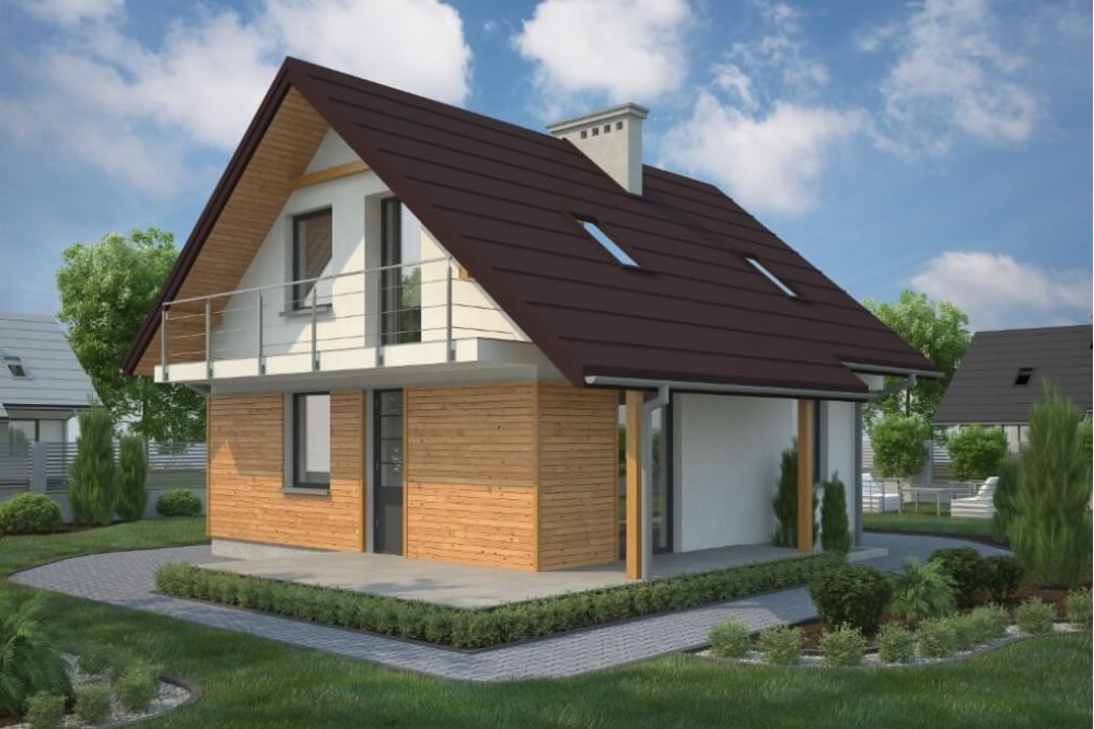 Projekt domu Prądnik E tech. DM-6143 E tech., Budynek parterowy z poddaszem użytkowym, z pełnym podpiwniczeniem, bez garażu-kolorystyka wersja 4