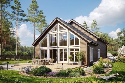 Projekt domu Oman DM-6658,jednorodzinny przeznaczony dla 4 - 6 osób. Parterowy budynek z poddaszem użytkowym, bez podpiwniczenia i garażu -wizualizacja elewacji frontowej