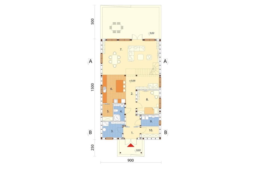 Projekt domu Oman DM-6658,jednorodzinny przeznaczony dla 4 - 6 osób. Parterowy budynek z poddaszem użytkowym, bez podpiwniczenia i garażu  - rzut parteru