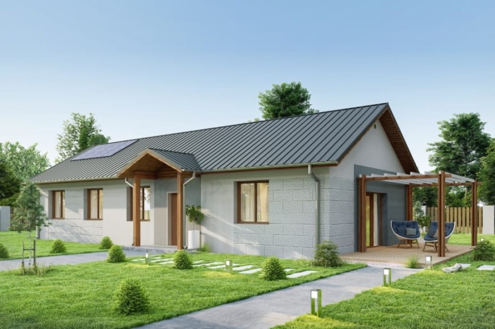 Projekt domu Almus DM-6743, parterowy, niepodpiwniczony, bez garażu - wizualizacja elewacji