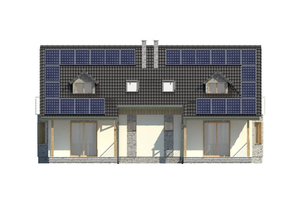 Projekt domu Sarnaki DM-6095, parterowy w zabudowie bliźniaczej z poddaszem mieszkalnym, bez podpiwniczenia  - elewacja ogrodowa