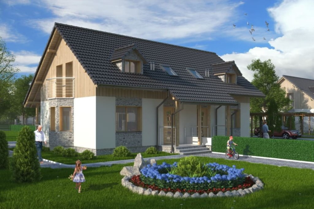 Projekt domu Sarnaki tech. DM-6095 tech., parterowy w zabudowie bliźniaczej z poddaszem mieszkalnym, bez podpiwniczenia - kolorystyka wersja 1