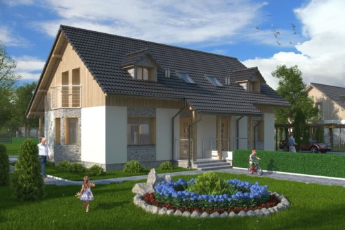 Projekt domu Sarnaki tech. DM-6095 tech., parterowy w zabudowie bliźniaczej z poddaszem mieszkalnym, bez podpiwniczenia - kolorystyka wersja 1