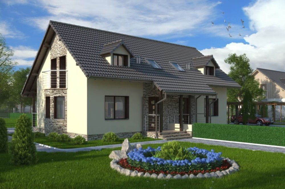 Projekt domu Sarnaki tech. DM-6095 tech., parterowy, parterowy w zabudowie bliźniaczej z poddaszem mieszkalnym, bez podpiwniczenia-kolorystyka wersja 4