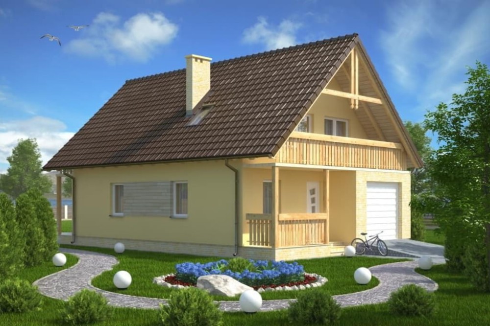 Projekt domu Pulczynów tech. L-6055 tech., parterowy z garażem, z poddaszem mieszkalnym, bez podpiwniczenia-kolorystyka wersja 2