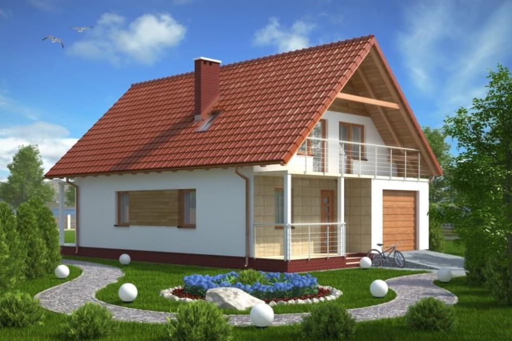 Projekt domu Pulczynów tech. L-6055 tech., parterowy z garażem, z poddaszem mieszkalnym, bez podpiwniczenia-kolorystyka wersja 3