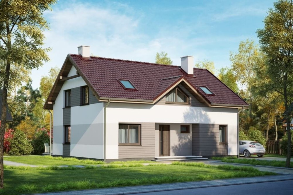 Projekt domu Głowienka tech. DM-6630 tech.,parterowy z poddaszem użytkowym, jednorodzinny, tradycyjny, bez garażu, bez podpiwniczenia-kolorystyka wersja 2