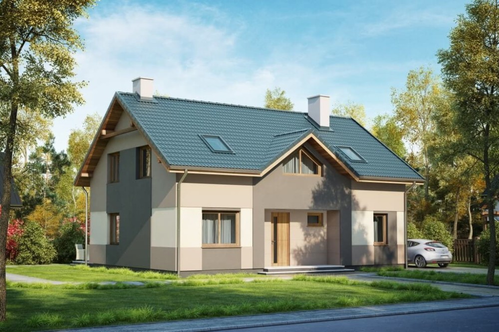 Projekt domu Głowienka tech. DM-6630 tech.,parterowy z poddaszem użytkowym, jednorodzinny, tradycyjny, bez garażu, bez podpiwniczenia-kolorystyka wersja 3