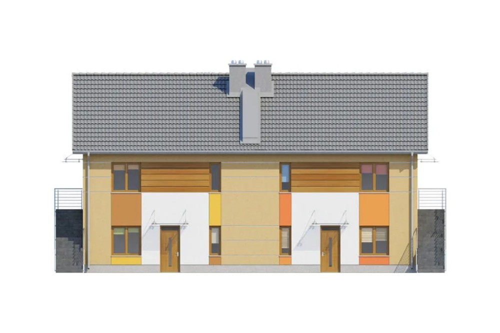 Projekt domu Stokrotek DM-6567, Budynek czteromieszkaniowy, bliźniaczy, po dwa mieszkania w każdym segmencie, piętrowy, niepodpiwniczony, bez garażu -elewacja frontowa