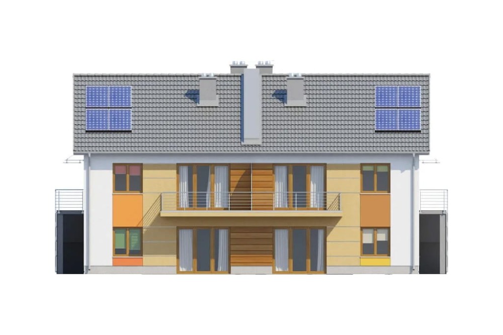 Projekt domu Stokrotek DM-6567, Budynek czteromieszkaniowy, bliźniaczy, po dwa mieszkania w każdym segmencie, piętrowy, niepodpiwniczony, bez garażu -elewacja ogrodowa