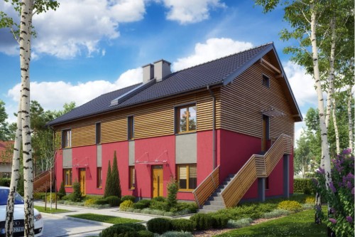 Projekt domu Stokrotek tech. DM-6564 tech., Budynek czteromieszkaniowy, bliźniaczy, po dwa mieszkania w każdym segmencie, piętrowy, niepodpiwniczony, bez garażu-kolorystyka wersja 2