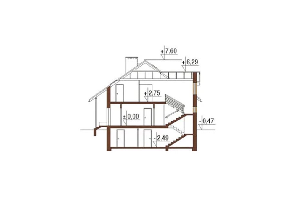 Projekt domu Radlice L-6177, parterowy z poddaszem mieszkalnym, częściowo podpiwniczony, z garażem z wydzieloną częścią gospodarczą -przekrój A-A