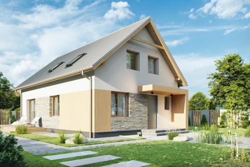 Projekt domu Orea DM-6785, parterowy z poddaszem użytkowym, bez garażu, bez podpiwniczenia - wizualizacja elewacji