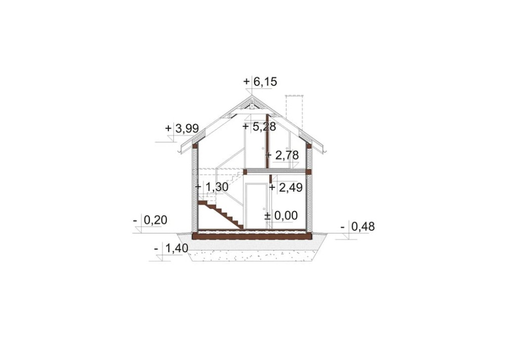 Projekt domu Gerasa 2 L-6736, parterowy z poddaszem użytkowym, podhalański, bez garażu, bez podpiwniczenia - przekrój A-A