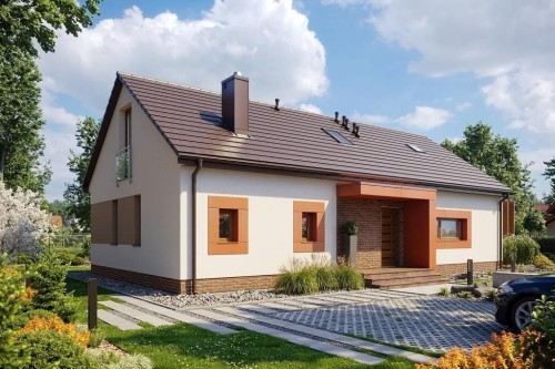 Projekt domu Iryzyna tech. DM-6645 tech.,parterowy z poddaszem użytkowym, jednorodzinny, bez garażu, bez podpiwniczenia -wizualizacja elewacji ogrodowej