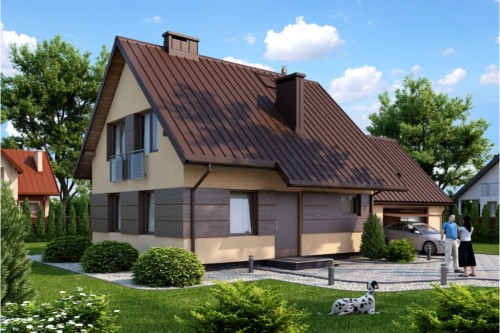 Projekt domu Rudnica tech. DM-6518 tech., parterowy z poddaszem użytkowym, jednorodzinny, tradycyjny, z garażem dwustanowiskowym, bez podpiwniczenia-kolorystyka wersja 2