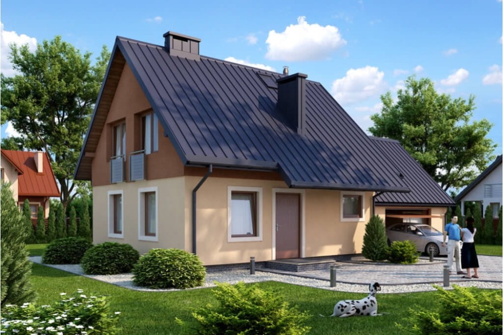 Projekt domu Rudnica tech. DM-6518 tech., parterowy z poddaszem użytkowym, jednorodzinny, tradycyjny, z garażem dwustanowiskowym, bez podpiwniczenia-kolorystyka wersja 3
