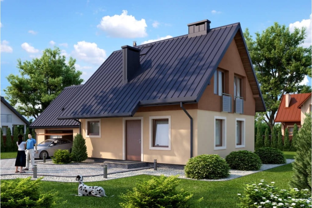 Projekt domu Rudnica 2 tech. L-6518 tech., parterowy z poddaszem użytkowym, jednorodzinny, tradycyjny, z garażem dwustanowiskowym, bez podpiwniczenia-kolorystyka wersja 3