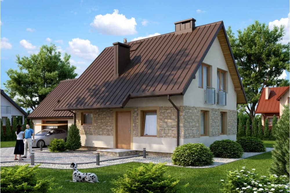 Projekt domu Rudnica 2 tech. L-6518 tech., parterowy z poddaszem użytkowym, jednorodzinny, tradycyjny, z garażem dwustanowiskowym, bez podpiwniczenia-kolorystyka wersja 4