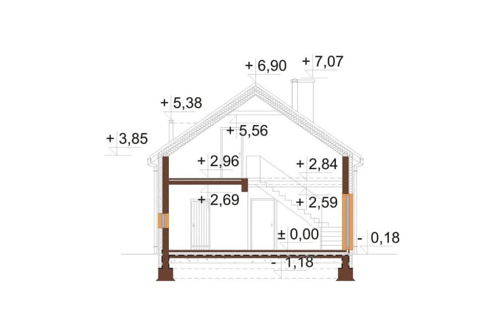 Projekt domu Ośnieża 2 L-6649, parterowy, z antresolą, bez garażu, bez podpiwniczenia - przekrój A-A