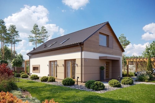 Projekt domu Ośnieża DM-6649, parterowy, z antresolą, bez garażu, bez podpiwniczenia - wizualizacja elewacji