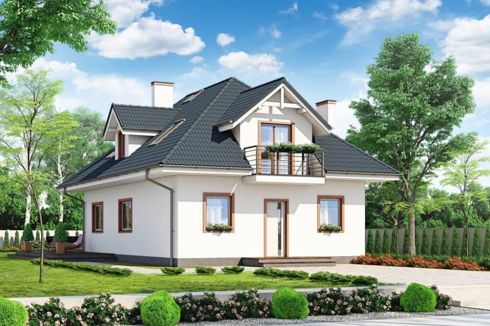 Projekt domu Skimia 1 tech. DM-6624 tech., parterowy z poddaszem użytkowym, jednorodzinny, tradycyjny, bez garażu, bez podpiwniczenia - kolorystyka wersja 2