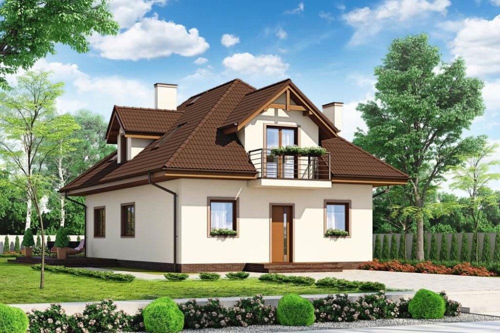 Projekt domu Skimia 1 tech. DM-6624 tech., parterowy z poddaszem użytkowym, jednorodzinny, tradycyjny, bez garażu, bez podpiwniczenia - kolorystyka wersja 3