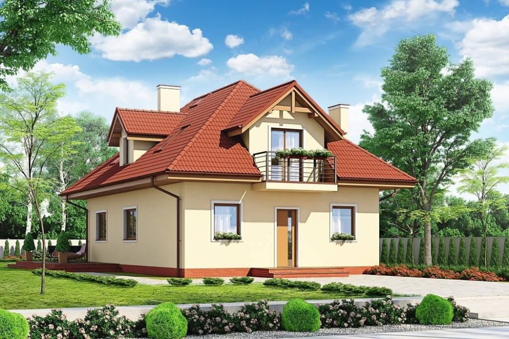 Projekt domu Skimia 1 tech. DM-6624 tech., parterowy z poddaszem użytkowym, jednorodzinny, tradycyjny, bez garażu, bez podpiwniczenia - kolorystyka wersja 4