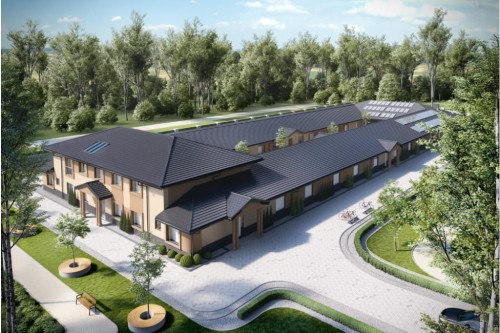 Projekt domu opieki dla osób starszych LK-80, parterowy z piętrem na części budynku, niepodpiwniczony - kolorystyka wersja 1