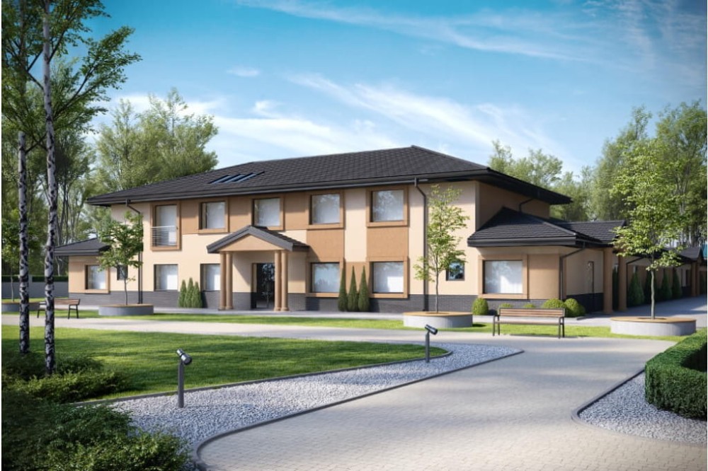 Projekt domu opieki dla osób starszych LK-80, parterowy z piętrem na części budynku, niepodpiwniczony - kolorystyka wersja 2
