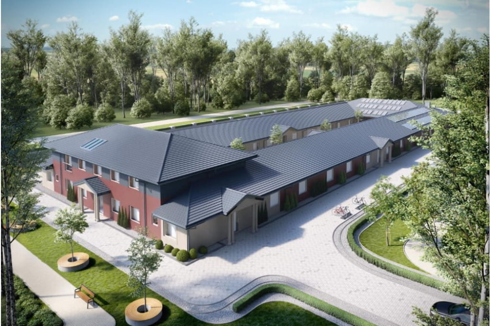 Projekt domu opieki dla osób starszych LK-80, parterowy z piętrem na części budynku, niepodpiwniczony - kolorystyka wersja 3