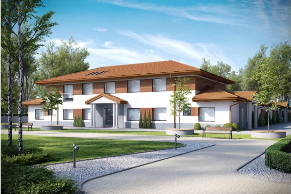 Projekt domu opieki dla osób starszych LK-80, parterowy z piętrem na części budynku, niepodpiwniczony - kolorystyka wersja 4