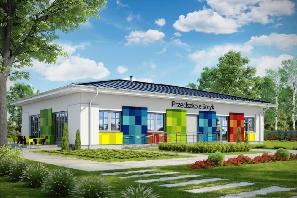 Projekt przedszkola LK-102, parterowy, niepodpiwniczony-kolorystyka wersja 1