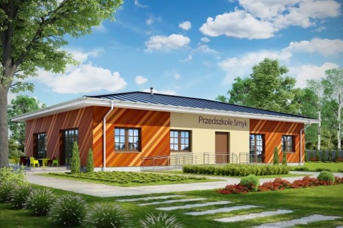 Projekt przedszkola LK-102, parterowy, niepodpiwniczony - wizualizacja elewacji