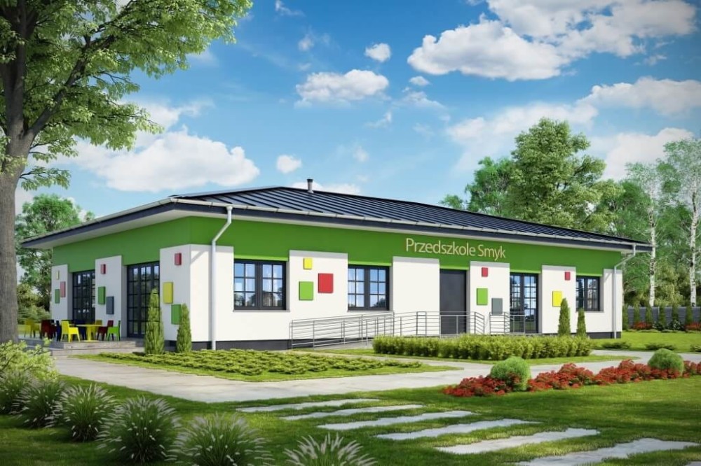 Projekt przedszkola LK-102, parterowy, niepodpiwniczony-kolorystyka wersja 3