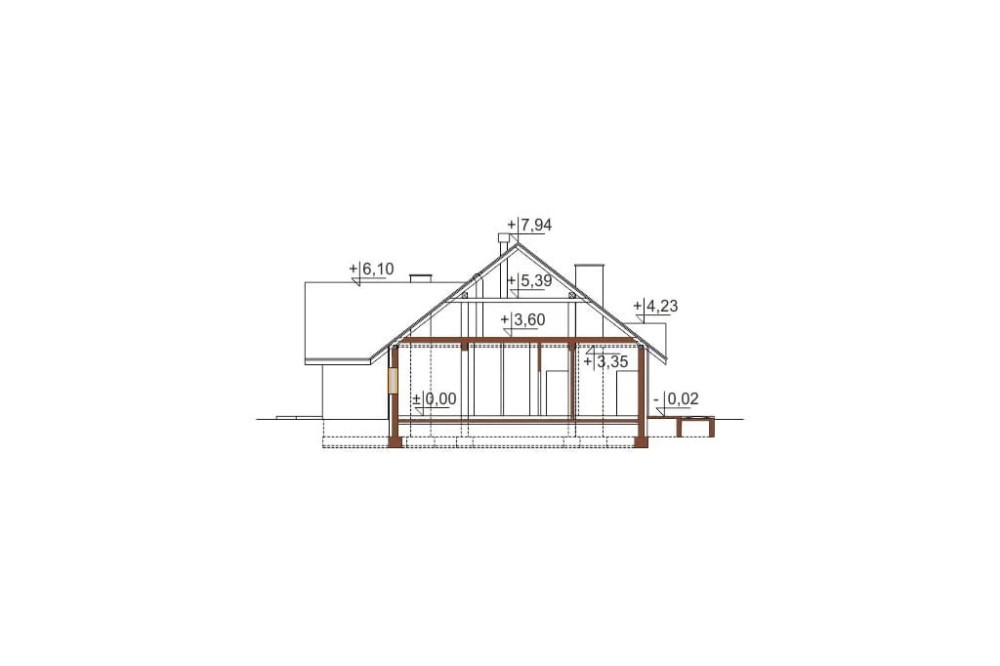 Projekt restauracji K-01, parterowy, niepodpiwniczony - przekrój A-A