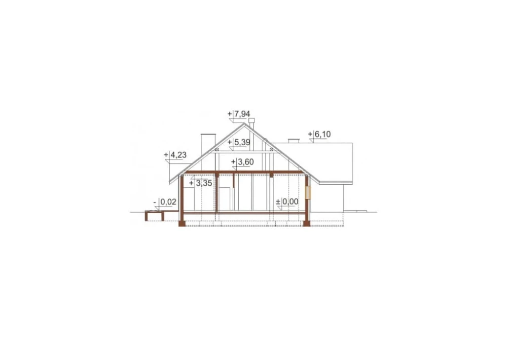 Projekt restauracji LK-01, parterowy, niepodpiwniczony - przekrój A-A