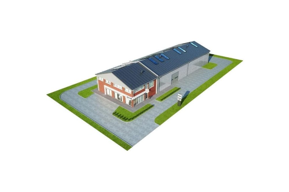 Projekt budynku magazynowo produkcyjny z zapleczem biurowo socjalnym LK-107, jednokondygnacyjny, część biurowa dwukondygnacyjna, niepodpiwniczony  - model