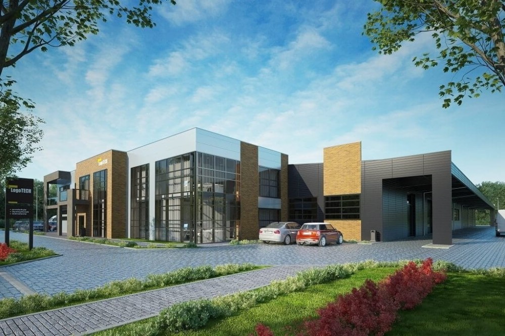 Projekt budynku produkcyjno - biurowego K-117, niepodpiwniczony, składający się z dwóch części hali produkcyjnej i części biurowej -kolorystyka wersja 2
