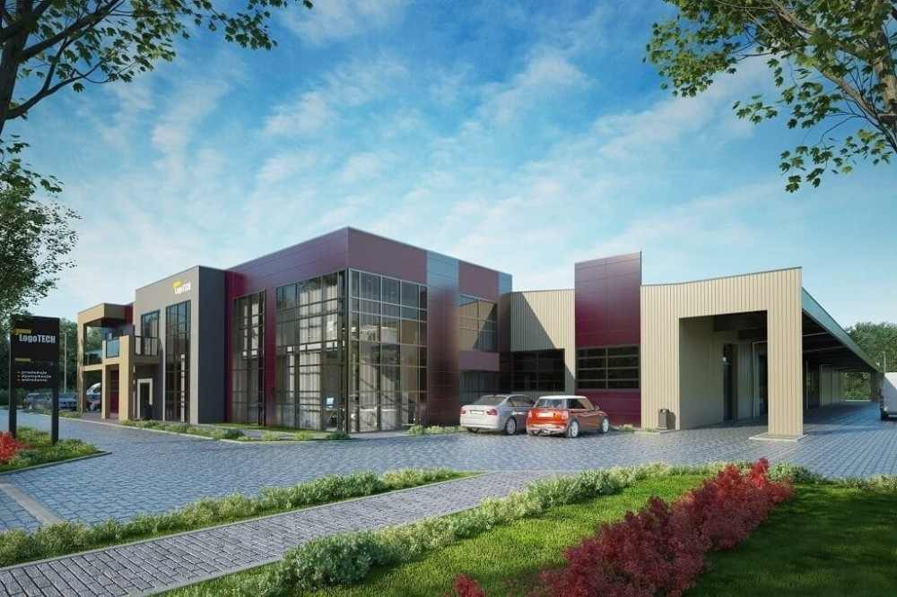 Projekt budynku produkcyjno - biurowego K-117, niepodpiwniczony, składający się z dwóch części hali produkcyjnej i części biurowej -kolorystyka wersja 3