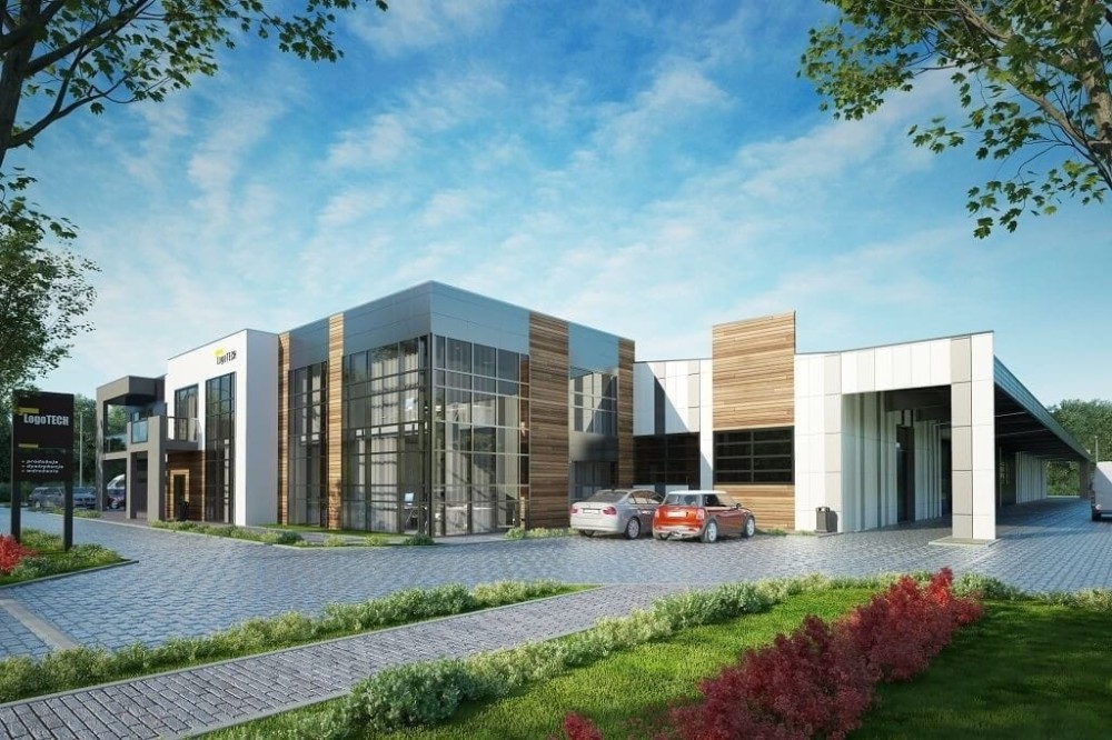 Projekt budynku produkcyjno - biurowego K-117, niepodpiwniczony, składający się z dwóch części hali produkcyjnej i części biurowej -kolorystyka wersja 4