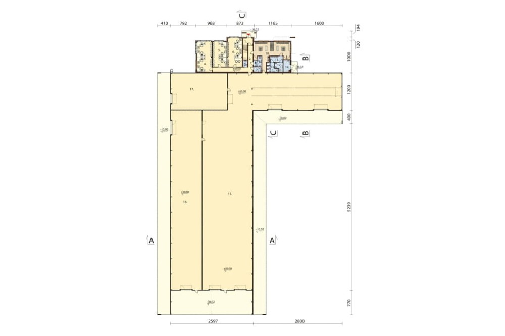 Projekt budynku produkcyjno - biurowego K-117, niepodpiwniczony, składający się z dwóch części hali produkcyjnej i części biurowej - rzut parteru
