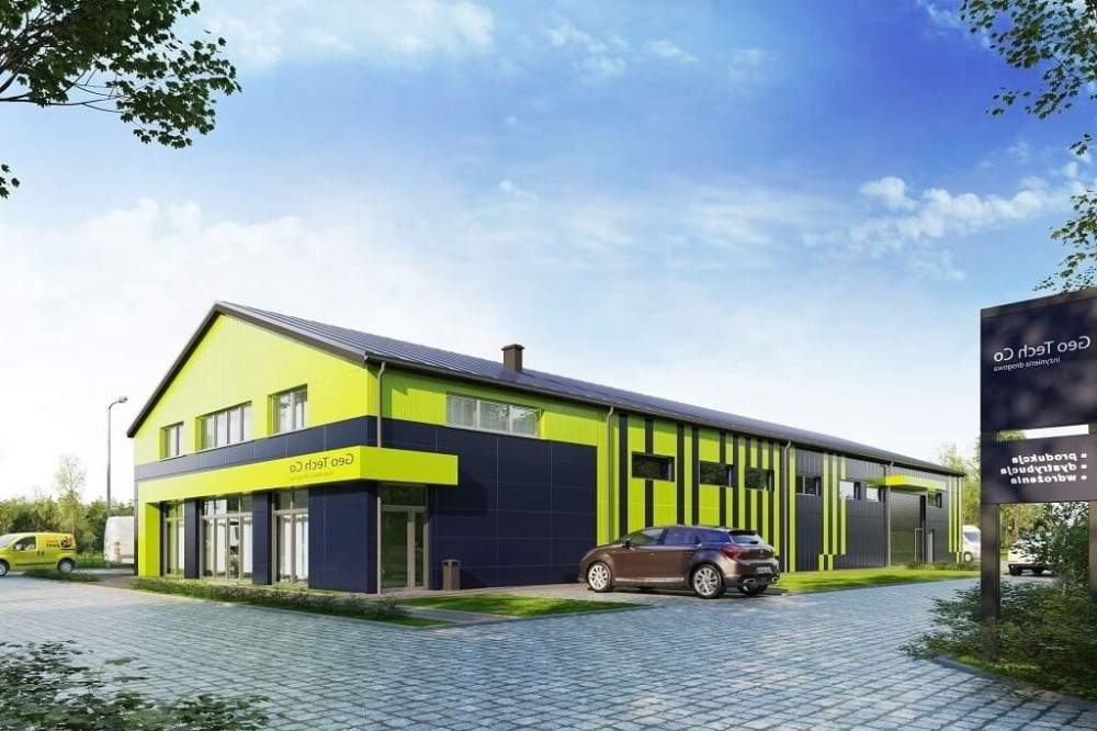 Projekt budynku usługowo - biurowo - magazynowego LK-118, niepodpiwniczony, złożony z dwóch części-kolorystyka wersja 2